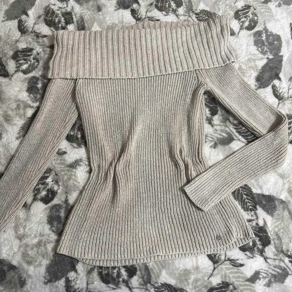 Hollister Off-Shoulder Ribbed Sweater in Beige